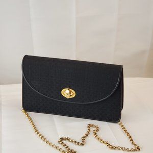 NINA RICCI 90s Vintage Black Leather/Canvas Shoulder Bag w/ Gold Logo Embossed